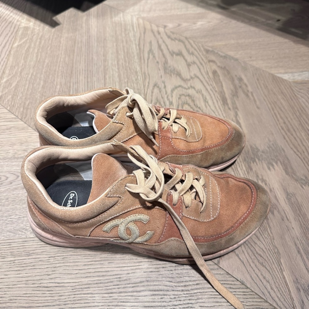 CHANEL Beige and Tan Suede Athletic Sneakers